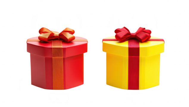 Two beautifully wrapped gift boxes. one red with an orange ribbon and one yellow with a red ribbon. placed side by side against a clean white background. ideal for holiday or celebration themes