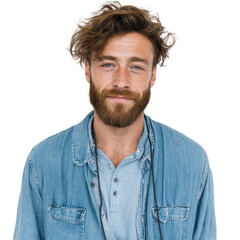 Obraz premium Young Man with Beard Smiling in Casual Denim Jacket Studio Portrait with Natural Light Isolated on White Background