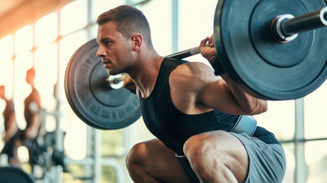 Strong man doing squats with barbell in gym, exercising legs and glutes