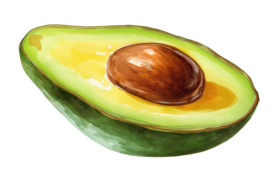 Avocado Half with Seed Hand Drawn Watercolor Isolated Food Illustration