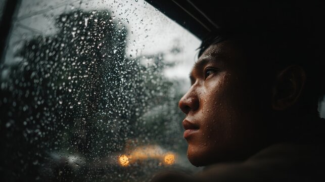 Rain-streaked window, pensive man