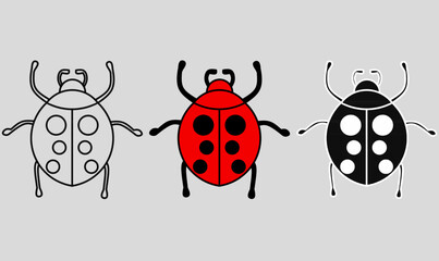 outline silhouette ladybug or ladybird icon set.family of Coccinellidae, small beetles.isolated grey background.