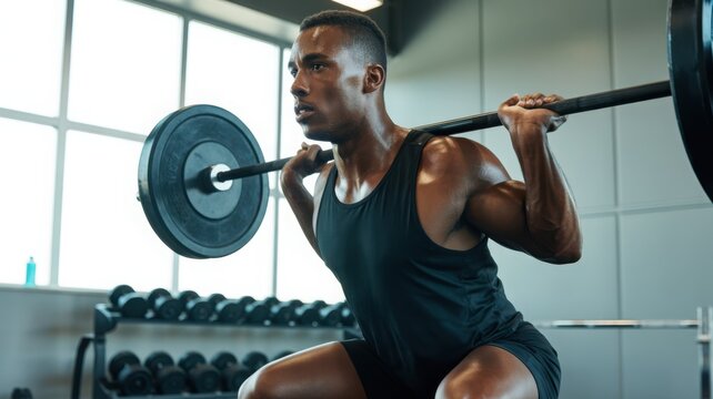 Sweaty man weightlifting in gym, serious male doing squats with barbell