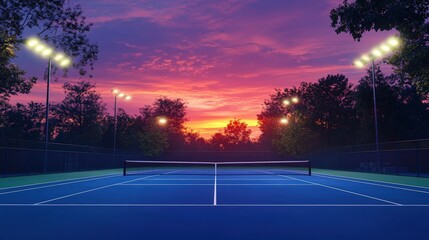 A serene tennis court under bright lights, surrounded by trees, with a stunning sunset casting vibrant colors across the sky.