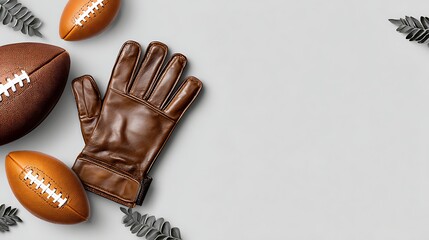 Football with Leather Glove and Green Leaves on White Background