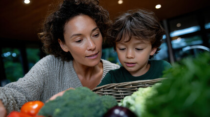 An intimate moment between an adult and a child as they explore fresh vegetables in a basket, emphasizing the importance of healthy eating and the joy of sharing experiences.