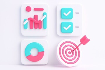 3d icons representing business growth data analysis goals and task completion on a white background