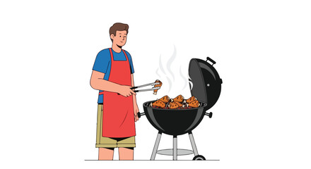 Enthusiastic man grilling chicken on a charcoal barbeque with smoky aroma, enjoying outdoor summer cooking and preparation of a delicious meal with