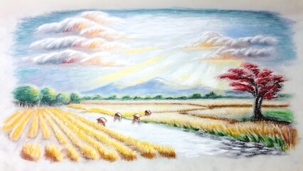 Hand drawn pastel landscape of a vibrant field with river and beautiful clouds
