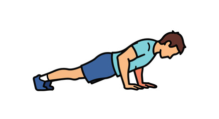 Cartoon illustration showcasing a man performing a push-up exercise for strength training and core conditioning  with a clear background