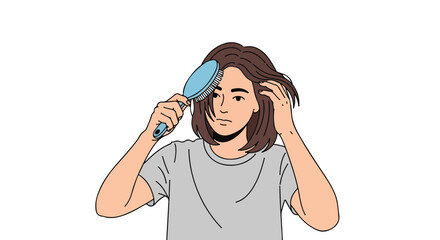 A brunette woman with a shoulder-length bob calmly brushes her hair with a soft blue brush against a bright white background illustration