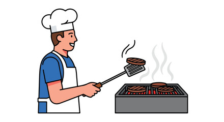 Enthusiastic chef grilling delicious burgers, ready to serve on a summer afternoon picnic, preparing a tasty barbecue meal for friends and family