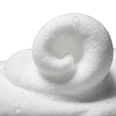 Pristine transparent ethereal swirl of light soap foam, fluffy texture, microscopic iridescent water droplets glistening, 45-degree macro shot on transparent. Concept of freshness and cleanliness