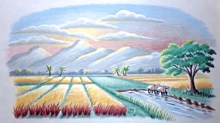 Beautiful watercolor painting of a rural landscape with farmers and crops at dawn