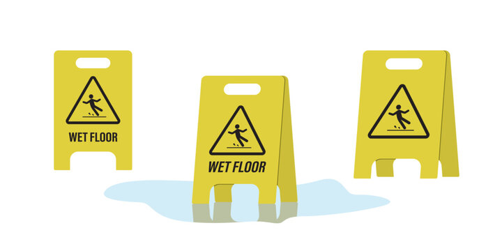 Set of three signs. Caution wet floor, slippery way after cleaning. Yellow plastic warning sign on slick wet floor, icon or sign template isolated on white background