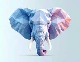 A majestic, symmetrical portrait of an elephant's head, created in a modern low poly geometric style. This wildlife icon symbolizes strength, wisdom, and nature.
