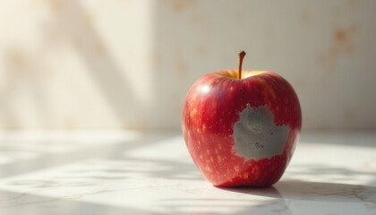 Red apple with a bite taken out and sunlight casting shadows  