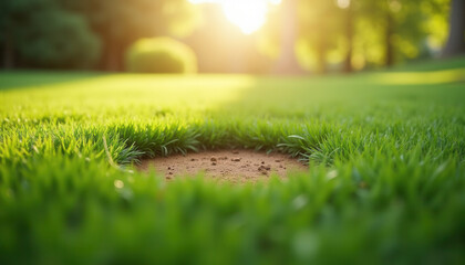 Naklejka premium Close-up of grass surrounding a golf hole in a sunny setting 