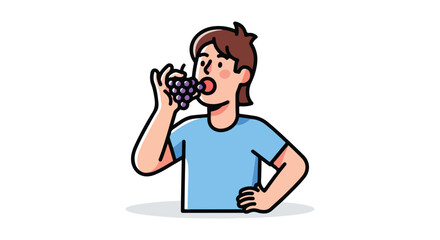 A vector illustration of a young man savoring a bunch of purple grapes for a healthy snack against a crisp white background