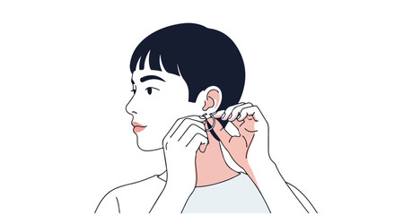 Minimalist illustration of a person putting on an earring with focused hand movements on a white backdrop to showcase accessory usage