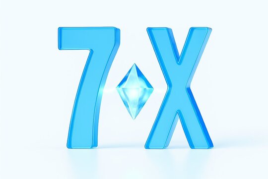 Bright blue number seven and letter x with a sparkling diamond shape in the middle on a white background