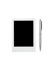 A pristine, blank white instant camera photo frame, Polaroid-like, with a slim elegant silver pen on a transparent flat lay, bright studio light, showcasing simplicity and elegance