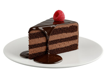 Decadent multi-layered dark chocolate cake slice with mousse, glossy ganache, melting sauce, raspberry on white plate, isolated transparent. Concept of gourmet indulgence