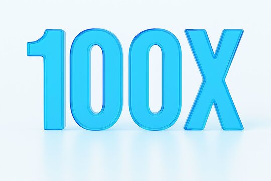 Bright blue 3d number 100x illuminated with subtle shadow and reflection on white background