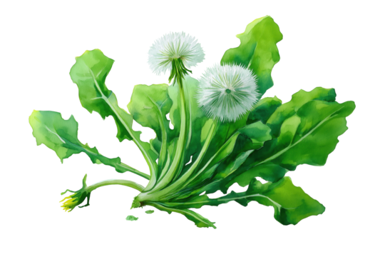 Dandelion Plant with Flowers Hand Drawn Watercolor