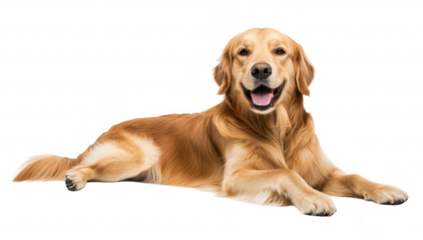 A cheerful golden retriever lying gracefully on a clean white background. its shiny fur and friendly expression. ideal for pet-related content or advertisements