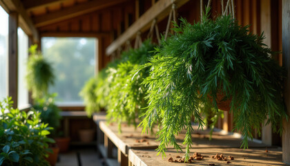 Fototapeta premium Lush green hanging plants in wooden greenhouse during daylight 