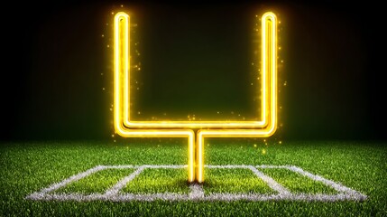 Bright Neon Football Goal Post on Field with Glowing Sparkles at Night