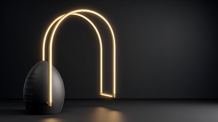Modern Futuristic Black and Gold Wireless Speaker with Neon Light Arc in Dark Room