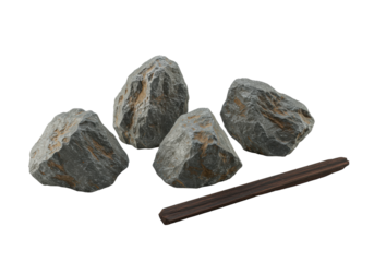 Five unique natural geological stones (grey/brown, varied shapes/textures) with a slender dark polished wood piece, isolated on transparent. Concept of natural beauty and minimalist design