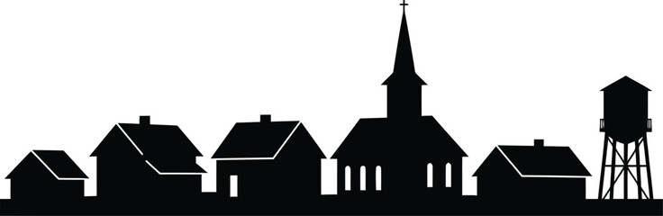 Silhouette of a small town skyline with a church and water tower at dusk isolated on transparent background