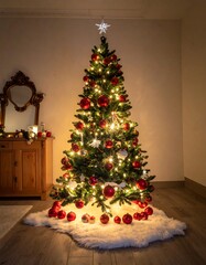 Decorated Christmas tree with red ornaments, warm lights, and a white fur base in a dimly lit room