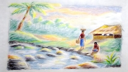 Serene tropical landscape scene depicting village life with palm tree and river stream