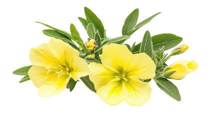 A cluster of yellow evening primrose flowers with lush green leaves. elegantly arranged on a white background. perfect for nature-themed designs or botanical illustrations