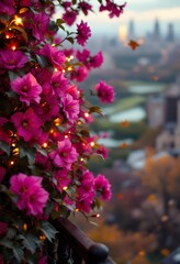 Close-up of fairy lights nestled within a blooming magenta bougainvillea on a balcony, cityscape at noon, bright sun, yellow light