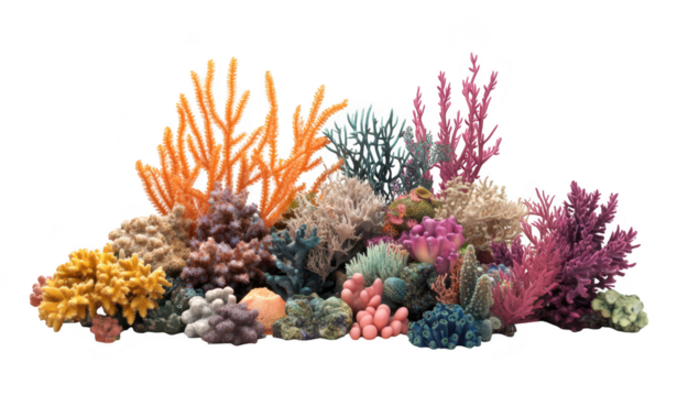 A underwater scene a diverse array of colorful coral formations. including branching and bushy types. set against a clean white background. ideal for marine life education and conservation awareness