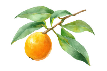 Loquat fruit on a branch hand drawn watercolor isolated food illustration. Ripe yellow Japanese medlar with green leaves.