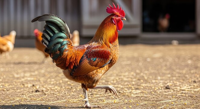 A rooster with a red comb and tail feathers, standing on a dirt ground with a barn in the background.