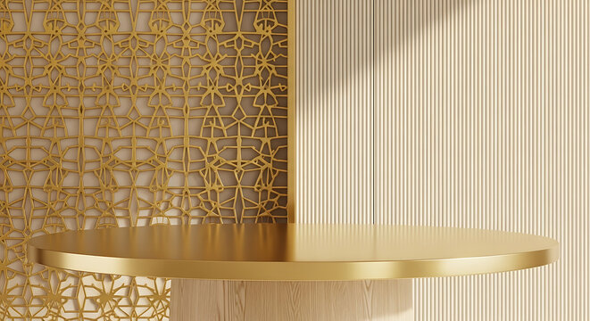 Illustration of luxurious golden display stand with intricate geometric metal screen and fluted wall, bathed in soft sunlight, creating an opulent setting