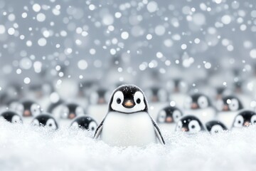 Penguin chick huddled with others, snowy landscape, 3D illustration