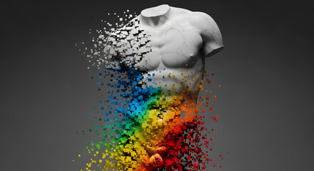 Classical Sculpture Fragmenting into Colored Pixels
