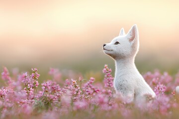 Baby fox in a meadow, surrounded by wildflowers, 3D illustration