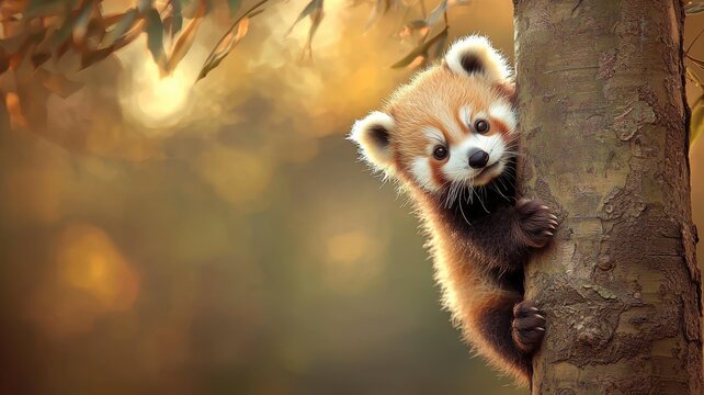 Red panda cub climbing a bamboo tree, soft fur details, 3D illustration