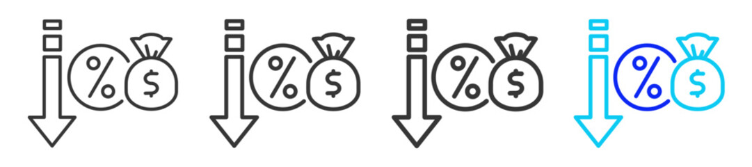Interest Rates Icon Set Collection in Creative Outline Style for Business Featuring Multiple Thickness Variations for Inflation Finance Economy Money Supply and Currency Weakness
