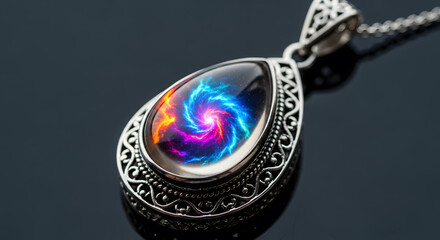 Close-up pendant reflecting neon nebulae.