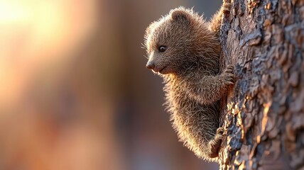 Bear cub climbing a tree, summer forest, 3D illustration